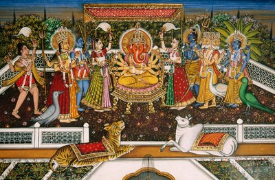 Heer Ganesh Ganpati met Brahma, Vishnu, Shiva, Durga, miniatuurschilderij op papier door School Indian