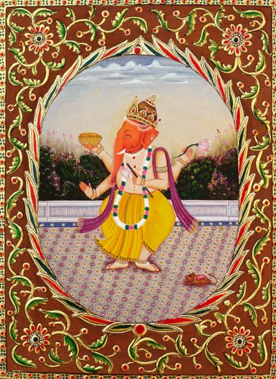 Heer Ganesha Ganpati miniatuurschildering op papier met borduurwerk door School Indian