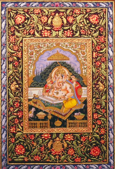 Heer Ganesha Ganpati Miniatuurschilderij op papier met gouden reliëf door School Indian
