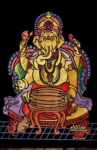 Heer Ganesha Ganpati speelt muziekinstrument borduurwerk door School Indian