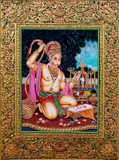 Heer Hanuman Miniatuurschilderij Papier met Gouden Reliëf door School Indian