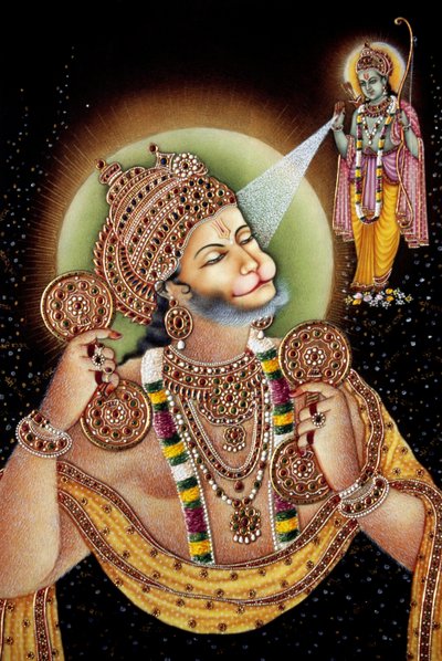 Heer Hanuman en Rama miniatuurschilderij op papier door School Indian