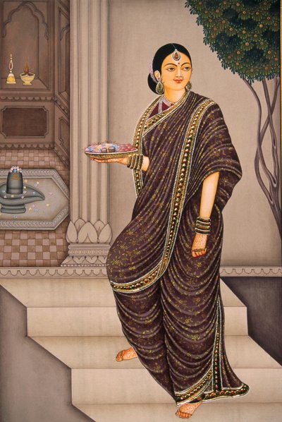 Marathi dame op weg naar de tempel Miniatuurschildering op papier door School Indian