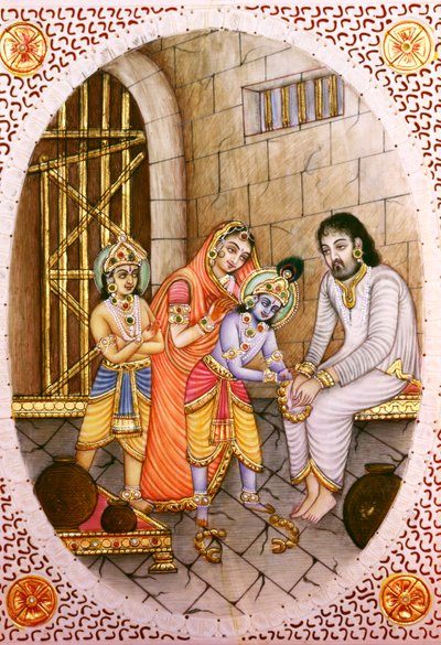 Miniatuur Ivoor Schilderij van Krishna Balram en Devaki Vasudeva door School Indian