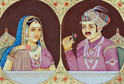 Miniatuurschildering van Akbar en Jodha Bai India Azië door School Indian