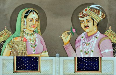 Miniatuurschildering van Akbar met Jodha Bai India Azië door School Indian