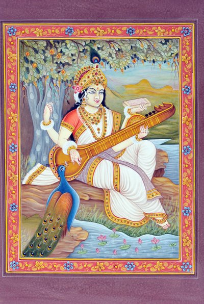 Miniatuurschilderij van Godin Saraswati door School Indian