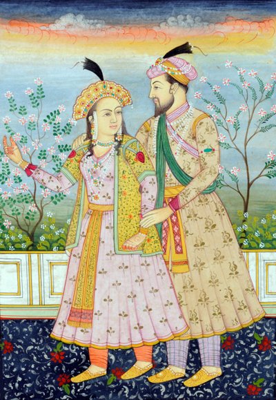 Miniatuurschilderij van Mughal keizer Shah Jahan met vrouw Mumtaz Mahal door School Indian