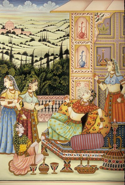 Miniatuurschilderij van Mughal Dame die van een drankje geniet, India door School Indian