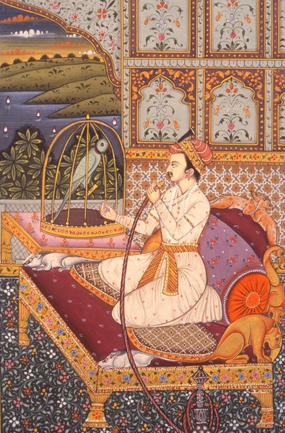 Miniatuurschilderij van een Mughal-prins die geniet van Hooka, India door School Indian