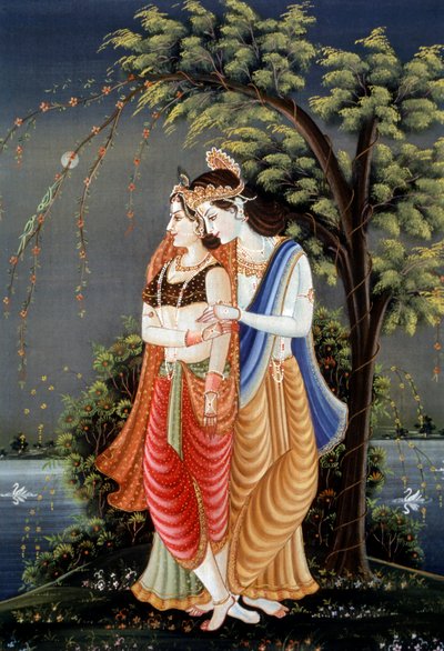 Miniatuurschilderij van Radha Krishna, India door School Indian