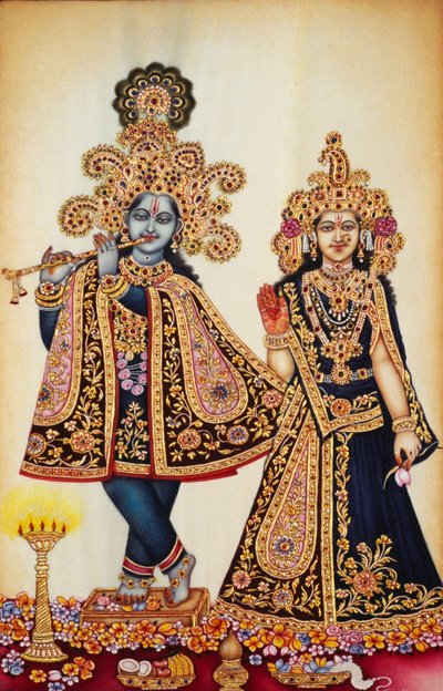 Miniatuurschilderij van Radha Krishna op ivoor door School Indian