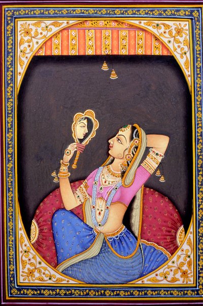 Miniatuurschilderij van vrouw die in spiegel kijkt door School Indian