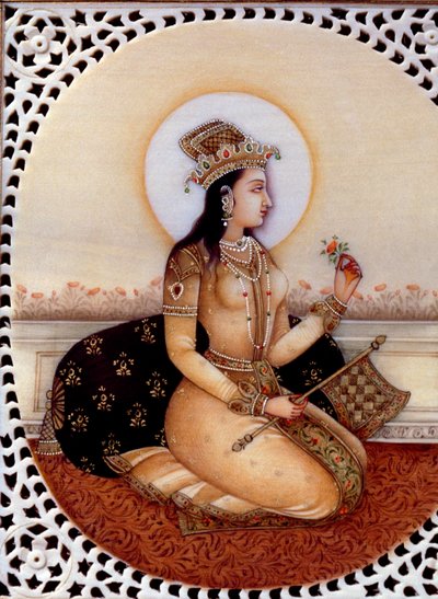 Miniatuurschilderij op ivoor van prinses Mumtaz Mahal vrouw van Mughal keizer Shah Jahan door School Indian