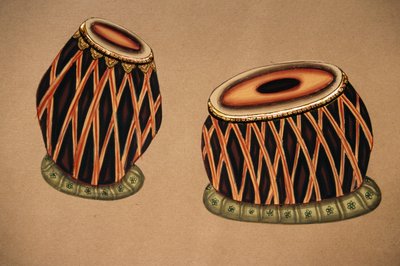 Miniatuurschilderij op papier, Indiaas klassiek muziekinstrument Tabla door School Indian