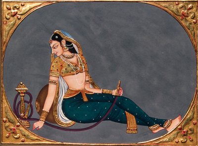 Miniatuurschilderij op papier Dame geniet van waterpijp door School Indian