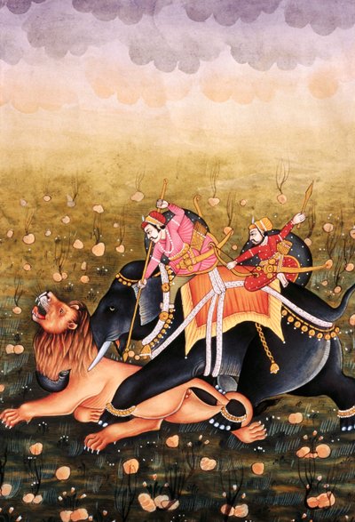 Miniatuurschilderij op papier, Mughal koning op jacht door School Indian
