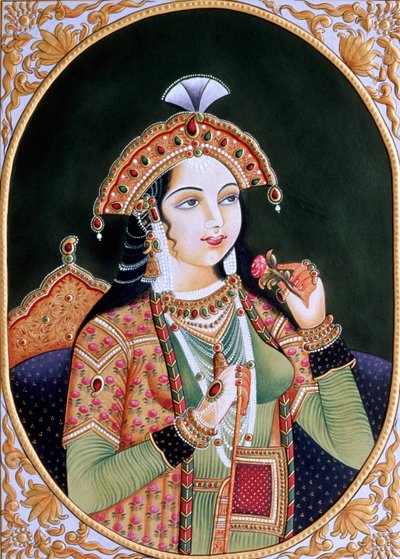 Miniatuurschilderij op papier van prinses Mumtaz Mahal vrouw van Mughal keizer Shah Jahan door School Indian