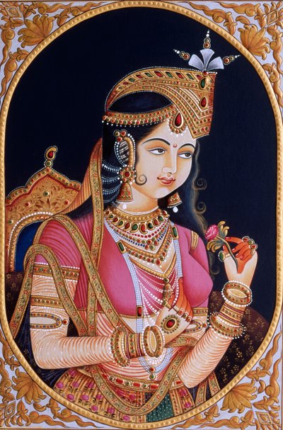 Miniatuurschilderij op papier van prinses Mumtaz Mahal vrouw van Mughal keizer Shah Jahan door School Indian