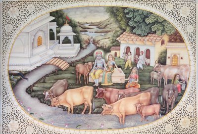 Miniatuur van Krishna een melkmeisje zittend in een veld met vee door School Indian