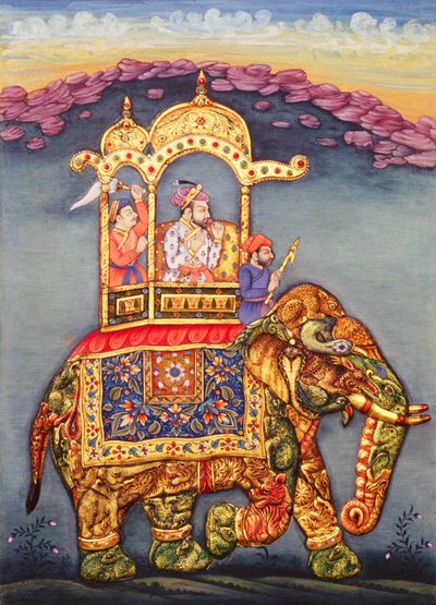 Mughal koning Shah Jahan rijdend op een olifant door School Indian