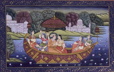 Mughal miniatuurschilderij op papier, koning liefdesscène en genietend van muziek in boot door School Indian
