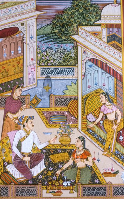 Mughal miniatuurschilderij op papier, koninklijke koning geniet van een drankje door School Indian