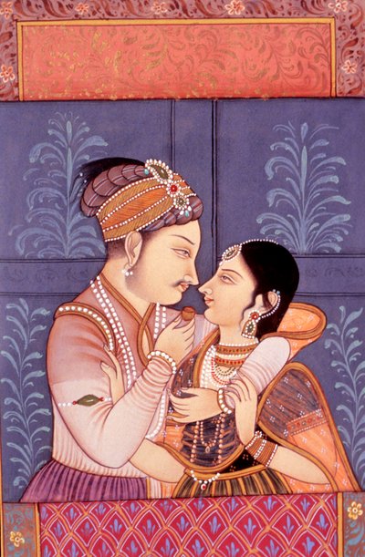 Mughal miniatuurschilderij op papier van liefdesscène door School Indian