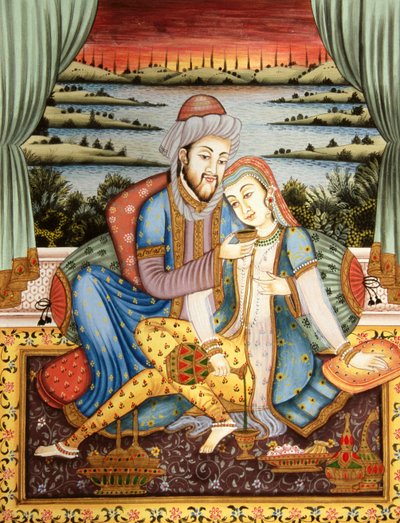 Schilderij van Mughal keizer met zijn vrouw in liefdesscène, India door School Indian