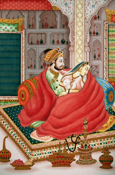 Schilderij van Mughal Keizer met zijn vrouw in liefdesscène, India door School Indian