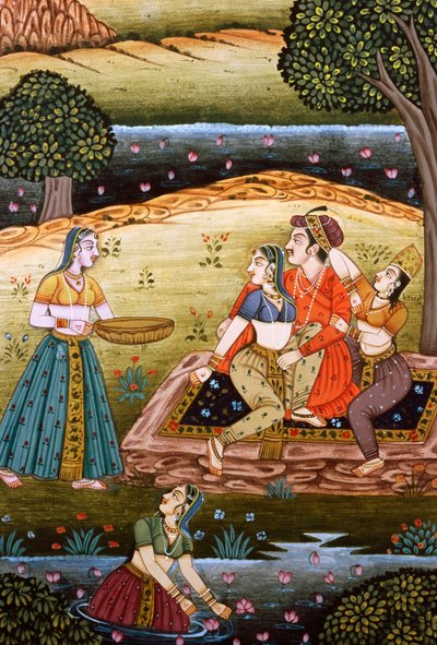 Schilderij van Mughal keizer met zijn vrouwen in liefdesscène, India door School Indian