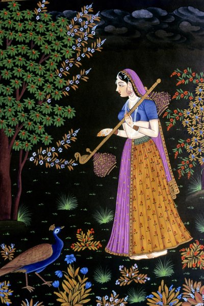 Schilderij op papier, dame geniet van muziek, India door School Indian
