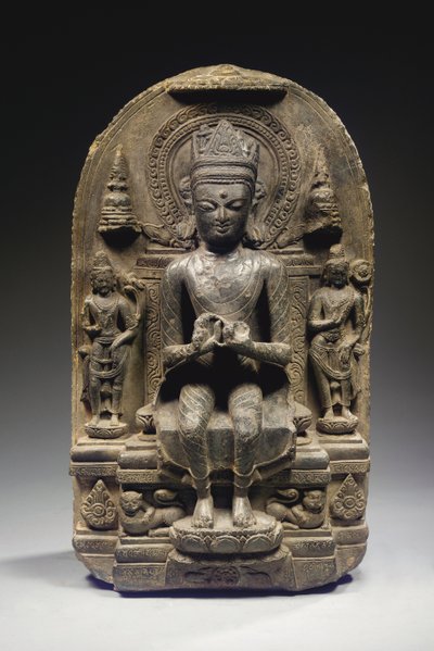 Pala stijl Stele met gekroonde Boeddha, Noordoost India door School Indian