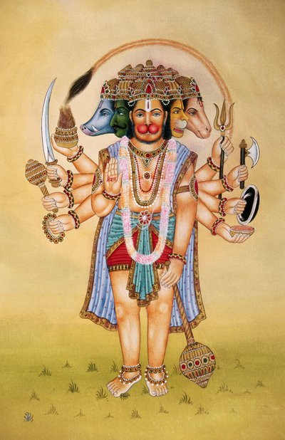 Panchmukhi Heer Hanuman Miniatuurschilderij op Papier door School Indian