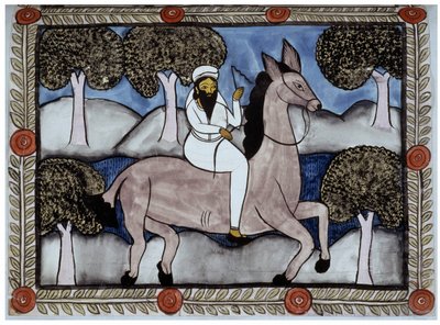 Portret van Osama bin Laden, verhaal van de aanslagen van 11 september 2001 verteld door de Baul-verkopers uit Bengalen. Schilderij, serie, nummer 9/9, Bengalen. door School Indian