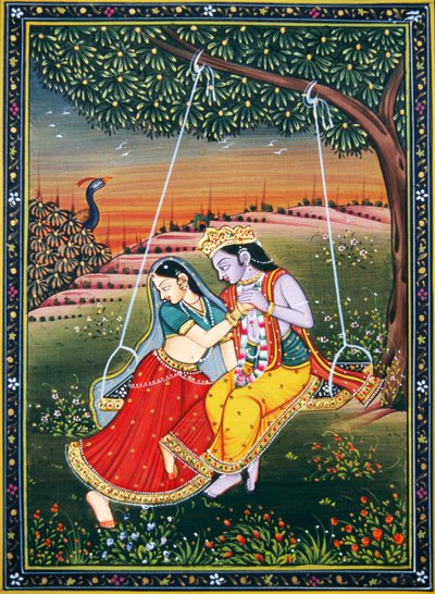 Radha Krishna genietend van Jhoola Miniatuurschilderij op papier door School Indian
