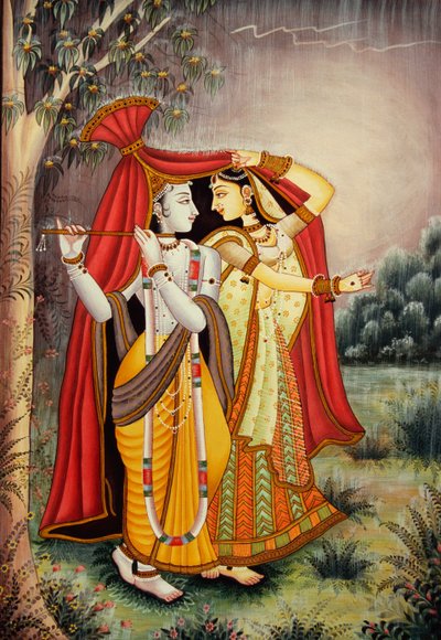 Radha Krishna miniatuurschilderij in moesson op papier door School Indian