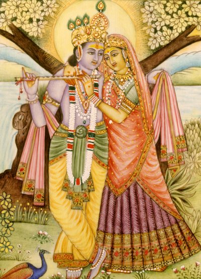 Radha Krishna miniatuurschilderij op ivoor door School Indian