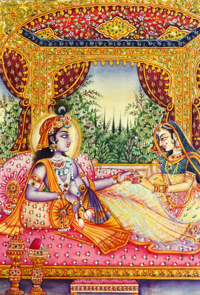 Radha Krishna Miniatuurschilderij op Ivoor door School Indian