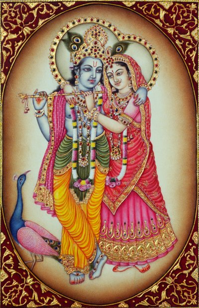 Radha Krishna miniatuurschilderij op ivoor door School Indian