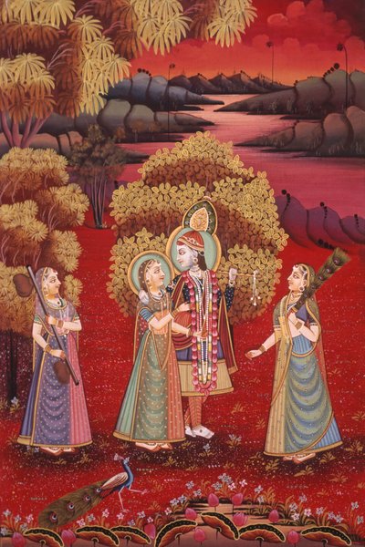 Radha Krishna miniatuurschilderij op zijde door School Indian