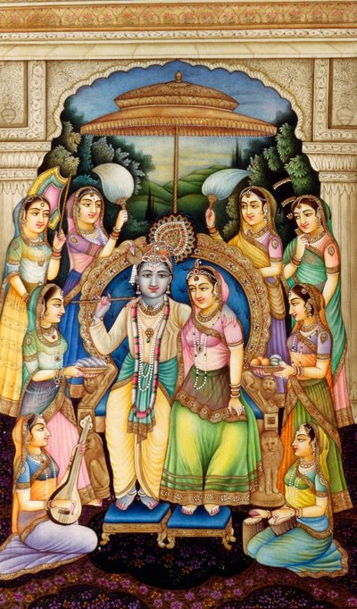 Radha Krishna in Miniatuurschilderij op Ivoor door School Indian