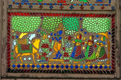Radha Krishna met Sakhi op glas-in-lood door School Indian
