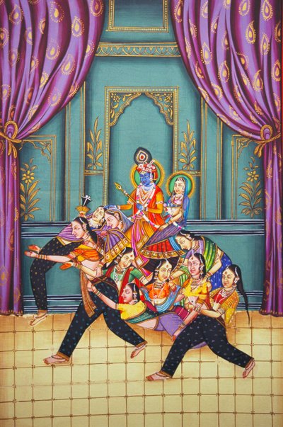 Radha Krishna met Sakhis miniatuurschilderij op papier door School Indian