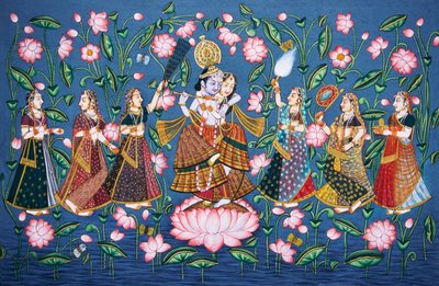 Radha Krishna met Sakhis Miniatuurschilderij op papier door School Indian