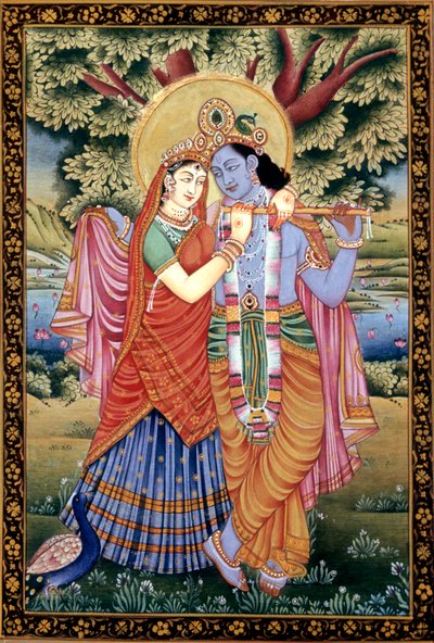 Radha en Krishna liefdesscène miniatuur schilderij op papier door School Indian