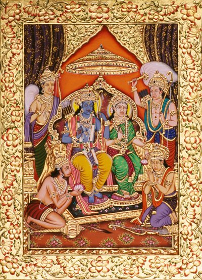 Ram Darbar in miniatuurschildering op papier met gouden reliëf door School Indian