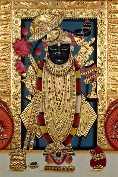 Shri Heer Shree Nathji of Shreenathji in Nathdwara Miniatuurschildering op papier met goudembossing door School Indian