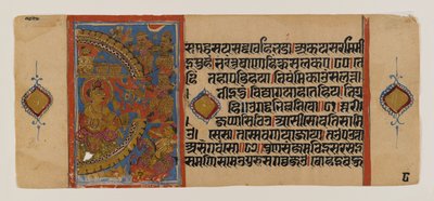 Het beleg van Ujjain en de nederlaag van de magische ezelin, pagina uit een verspreid Jain-manuscript van de Kalakacharya-katha, ca. 15e eeuw door School Indian