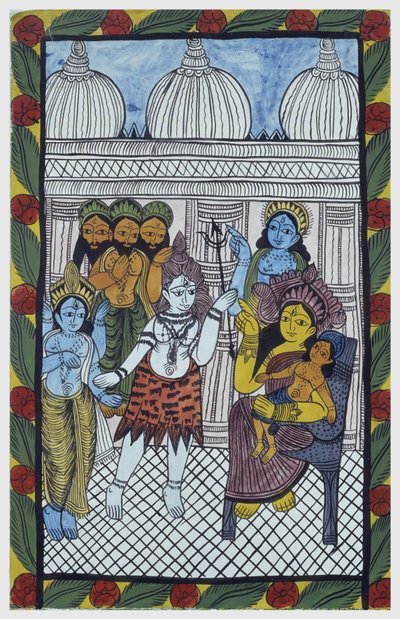 De goden komen Krishna bewonderen, belichaamd in het lichaam van een mooi kind, Ganesha (Ganesh of Ganapati) zittend op de knieën van zijn moeder Parvati. Pat: geschilderde rol van de Bengal-regio, dienend als verhalend medium voor zangers Baoul (Baul). Le door School Indian